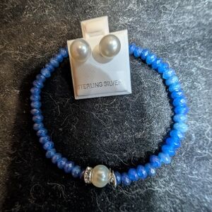 Sterling Silver Natural Blue Jade bracelet & Freshwater Pearls & Earrings